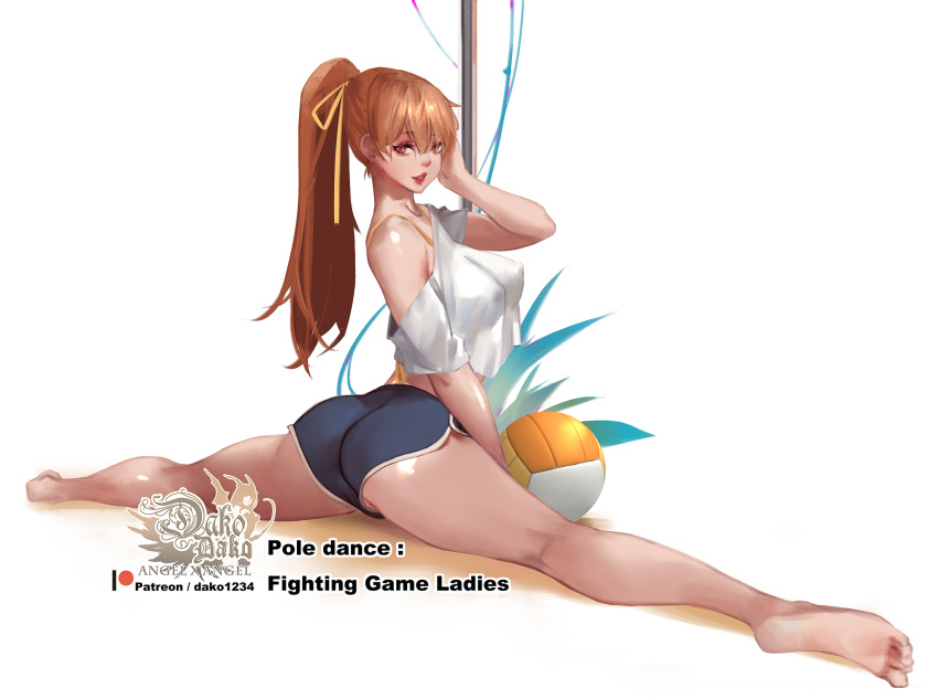1girl ass bangs bare_shoulders barefoot breasts brown_eyes brown_hair covered_nipples dako6995 dead_or_alive english_commentary highres kasumi_(doa) long_hair looking_at_viewer pole ponytail shorts smile solo split volleyball