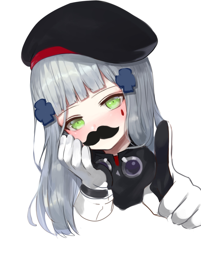 1girl absurdres beret black_headwear black_jacket blush dokomon facial_mark fake_facial_hair fake_mustache girls_frontline gloves green_eyes hair_ornament hat head_tilt highres hk416_(girls_frontline) jacket long_hair looking_at_viewer nose_blush pointing pointing_at_viewer portrait silver_hair simple_background solo white_background white_gloves