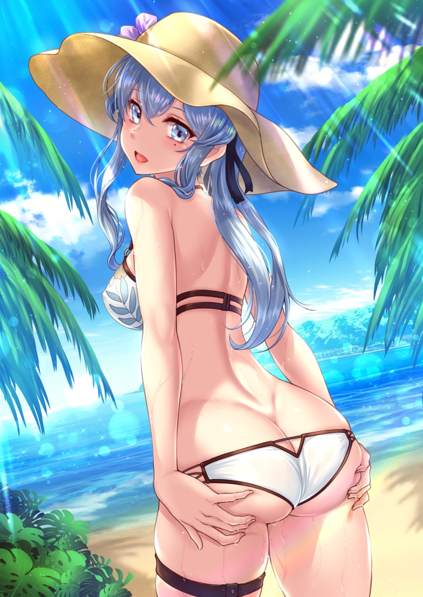 1girl ass ass_support bikini blue_eyes blue_hair blush breasts butt_crack eyebrows_visible_through_hair from_behind gotland_(kantai_collection) hair_between_eyes hat highres kantai_collection long_hair looking_at_viewer looking_back mole mole_under_eye open_mouth ryu-akt smile solo sun_hat swimsuit thighs white_bikini