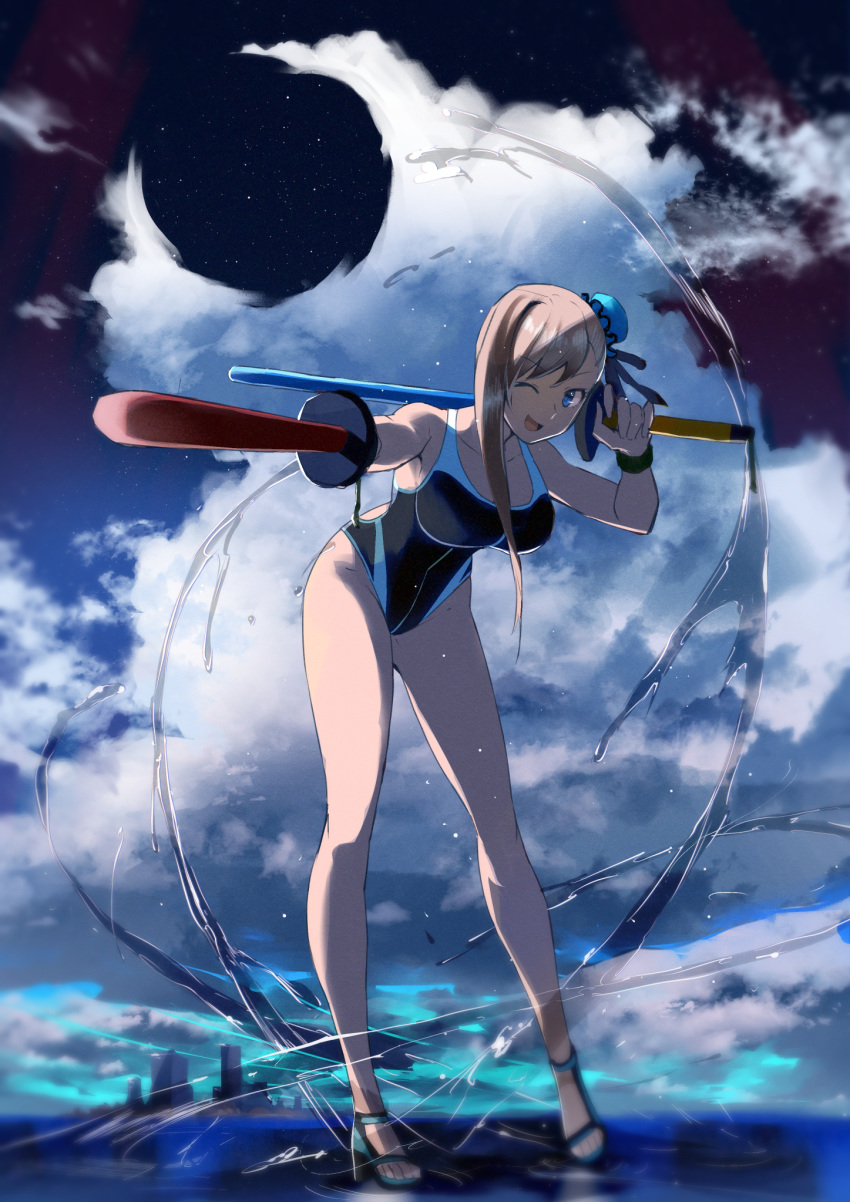 1girl akizora asymmetrical_hair black_swimsuit blue_eyes blue_sky breasts bun_cover collarbone commentary commentary_request competition_swimsuit dual_wielding eyebrows_visible_through_hair fate/grand_order fate_(series) hanging_breasts highres holding large_breasts long_hair looking_at_viewer miyamoto_musashi_(fate/grand_order) miyamoto_musashi_(swimsuit_berserker)_(fate) one-piece_swimsuit one_eye_closed open_mouth pink_hair single_hair_intake sky solo star_(sky) starry_sky swimsuit toy_sword two-tone_swimsuit water