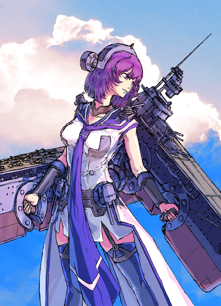 1girl absurdres aircraft black_thighhighs breasts clouds commentary day dress garter_straps headgear highres holding kantai_collection large_breasts lexington_(kancolle) long_necktie medium_hair necktie outdoors perushia purple_hair purple_necktie rigging short_sleeves sky solo thigh-highs turret violet_eyes white_dress