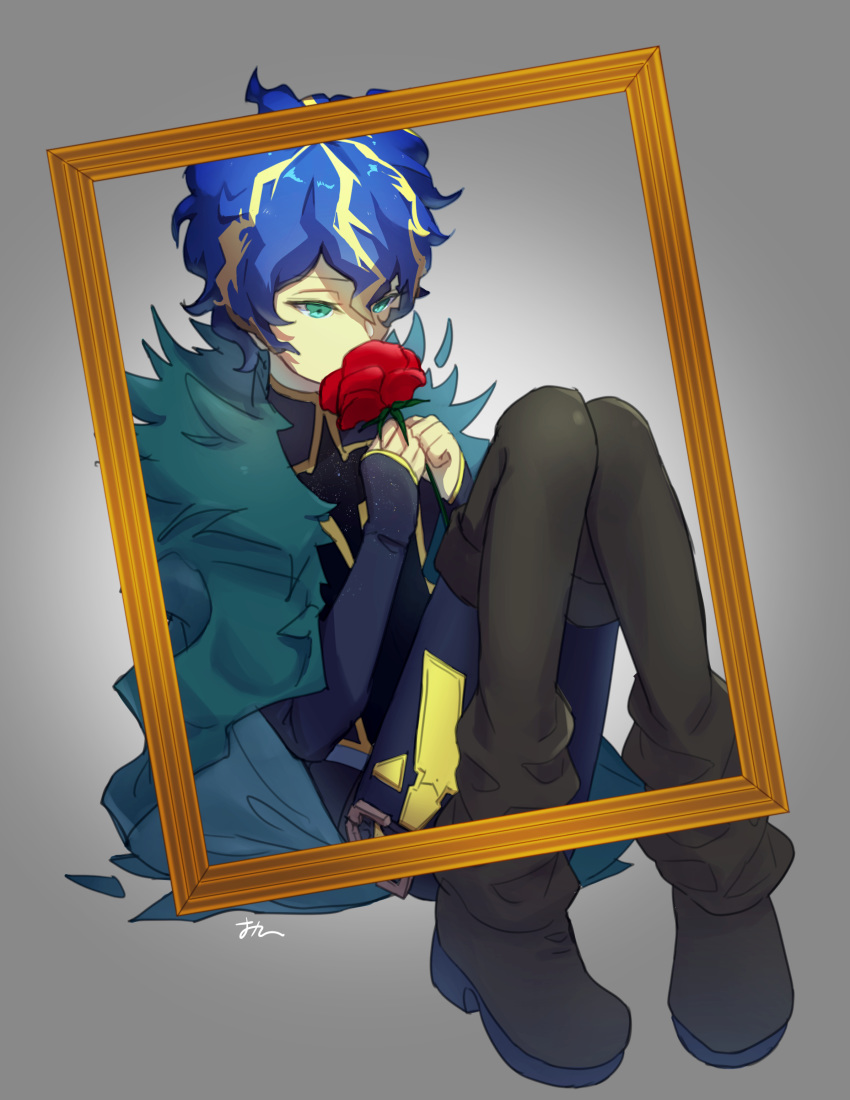 1boy absurdres aqua_eyes astel_leda blonde_hair blue_hair bodysuit coat cosplay flower frame garry_(ib) garry_(ib)_(cosplay) high_heels highres holding holding_flower holostars ib male_focus messy_hair ohita_hio red_flower rose short_hair sitting solo thigh-highs virtual_youtuber