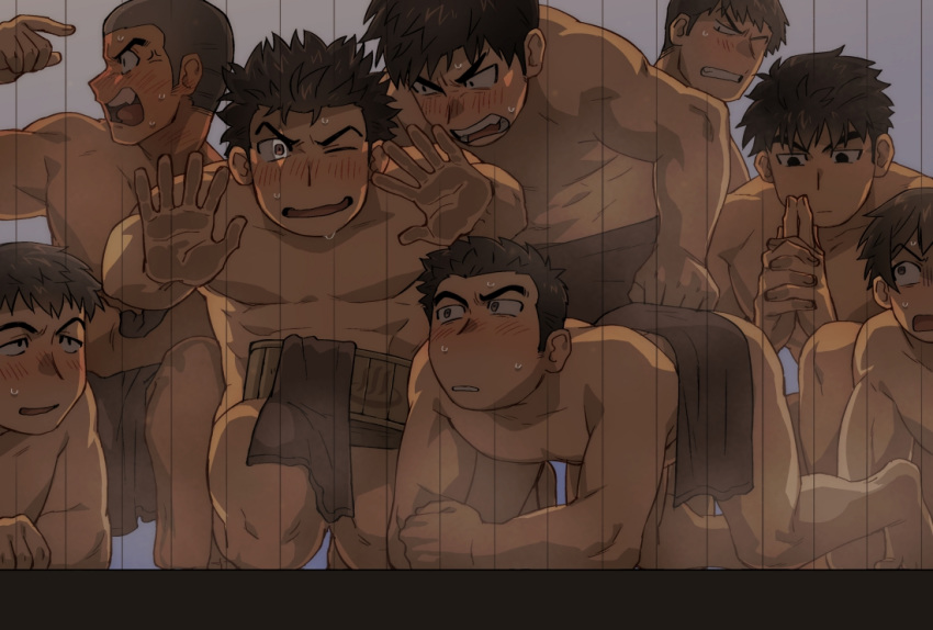 6+boys against_fourth_wall all_fours anger_vein black_hair blush bucket kanchou kneeling male_focus multiple_boys naked_towel open_mouth original peeping shaved_head st05254 textless towel