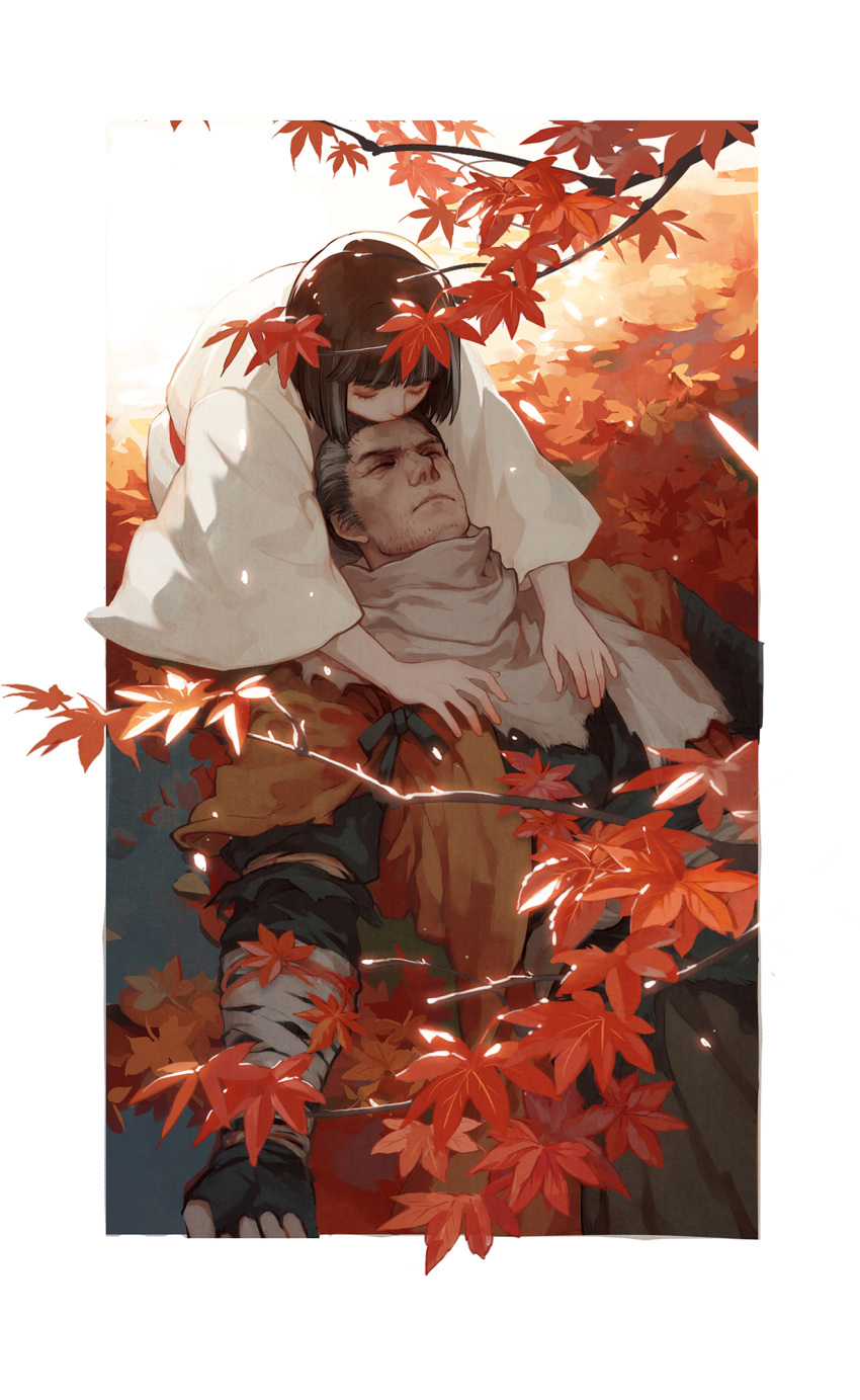 autumn autumn_leaves bandages bangs black_gloves black_hair black_shirt border brown_hair closed_eyes closed_mouth coat commentary_request facial_hair fingerless_gloves forehead_kiss gloves grey_hair grey_scarf hands_on_another's_chest highres japanese_clothes kimono kiss kuro_the_divine_heir leaf long_sleeves lying multicolored_hair on_back orange_coat outside_border sash scarf sekiro sekiro:_shadows_die_twice shirt torn_coat two-tone_hair vetania white_border white_kimono wide_sleeves yaoi