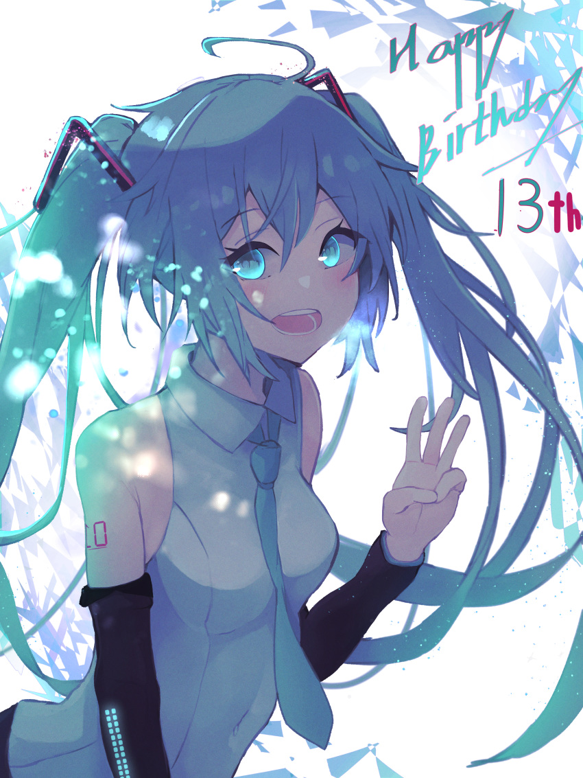 1girl absurdres arm_tattoo birthday blue_eyes blue_hair happy_birthday hatsune_miku hatsune_miku_(vocaloid4)_(chinese) highres looking_to_the_side megu_(pixiv9460065) open_mouth solo tattoo twintails vocaloid