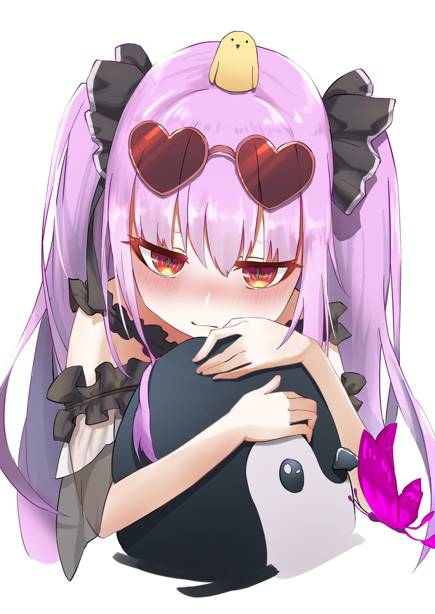 1girl bird brown_eyes eyewear_on_head heart heart-shaped_eyewear highres holding holding_stuffed_toy hololive looking_down penguin purple_hair solo stuffed_animal stuffed_penguin stuffed_toy sunglasses symbol_commentary twintails uruha_rushia virtual_youtuber yakurope-moko