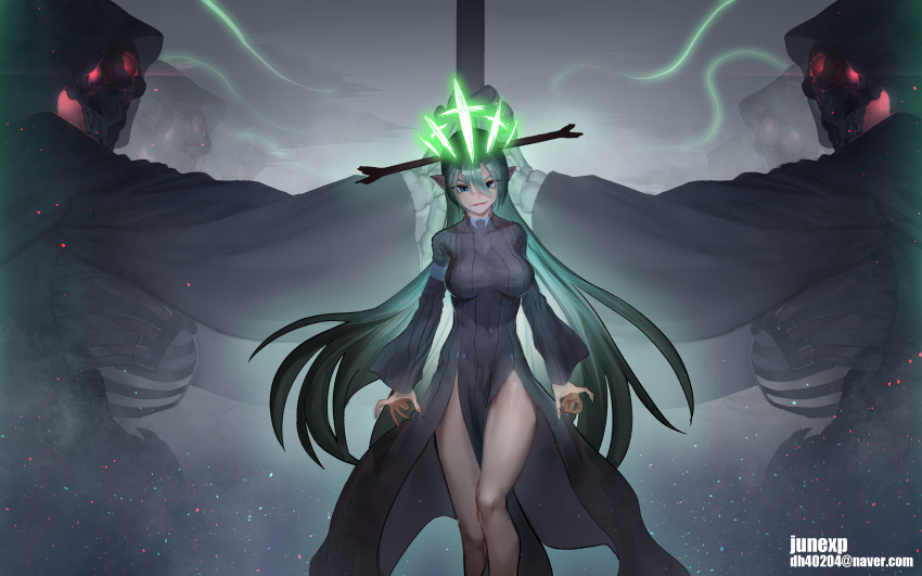 1girl absurdres artist_name blue_eyes covered_navel cross eyes_visible_through_hair fingernails floating glowing glowing_eyes green_hair hair_between_eyes halo highres holding hood hood_up horns junexp long_fingernails long_hair original parted_lips pointy_ears red_eyes ribs sharp_fingernails skeleton skull smile turtleneck