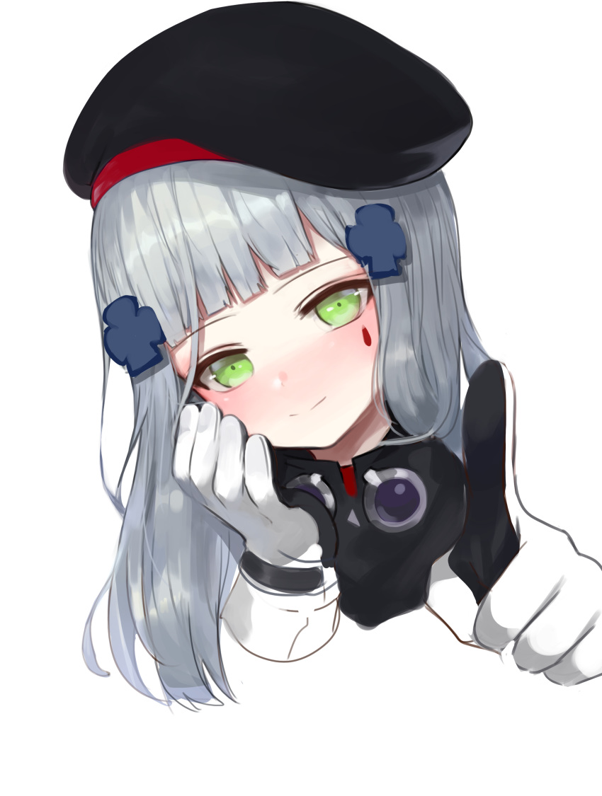 1girl absurdres beret black_headwear black_jacket blush closed_mouth commentary_request dokomon facial_mark girls_frontline gloves green_eyes hair_ornament hat head_tilt highres hk416_(girls_frontline) jacket korean_commentary long_hair looking_at_viewer nose_blush pointing pointing_at_viewer portrait silver_hair simple_background smile solo white_background white_gloves