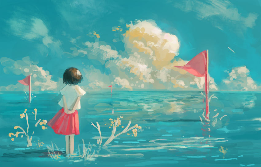 1girl arms_behind_back blue_sky brown_hair clouds day fjsmu flag from_behind hair_blowing hands_together highres horizon original outdoors red_skirt scenery shirt short_sleeves skirt sky solo standing standing_on_liquid tree_branch water white_shirt wind wind_lift