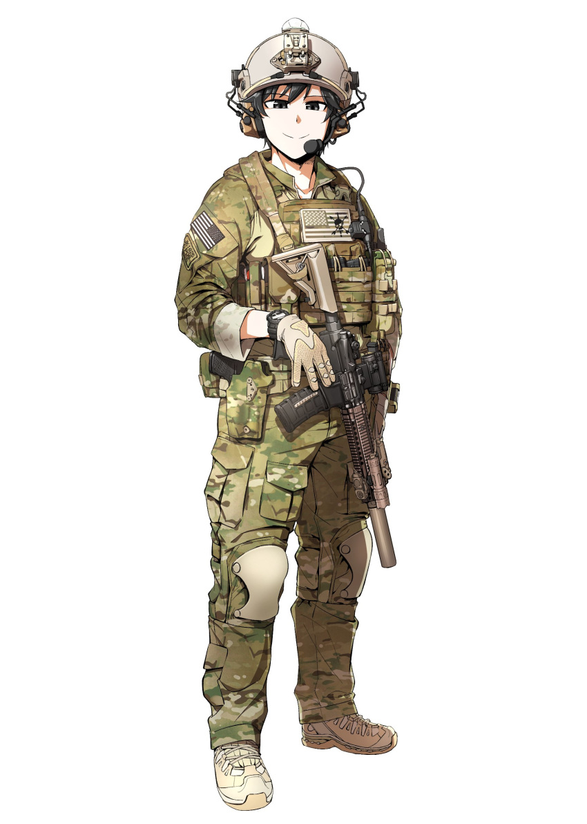 1boy absurdres american_flag black_eyes black_hair camouflage commission gloves gun headset helmet highres holding holding_gun holding_weapon korean_commentary looking_at_viewer military original shino_(r_shughart) smile solo united_states_army watch watch weapon