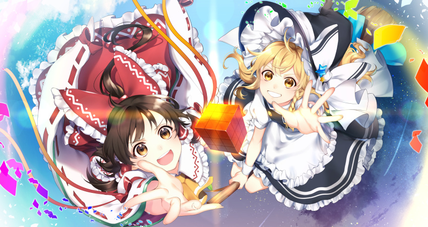 2girls apron black_headwear blonde_hair bow broom broom_riding brown_eyes brown_hair cube flying grin hair_bow hakurei_reimu hat hat_bow highres jill_07km kirisame_marisa multiple_girls open_mouth outstretched_hand red_bow ribbon-trimmed_sleeves ribbon_trim smile star-shaped_pupils star_(symbol) symbol-shaped_pupils touhou white_bow witch_hat yellow_eyes