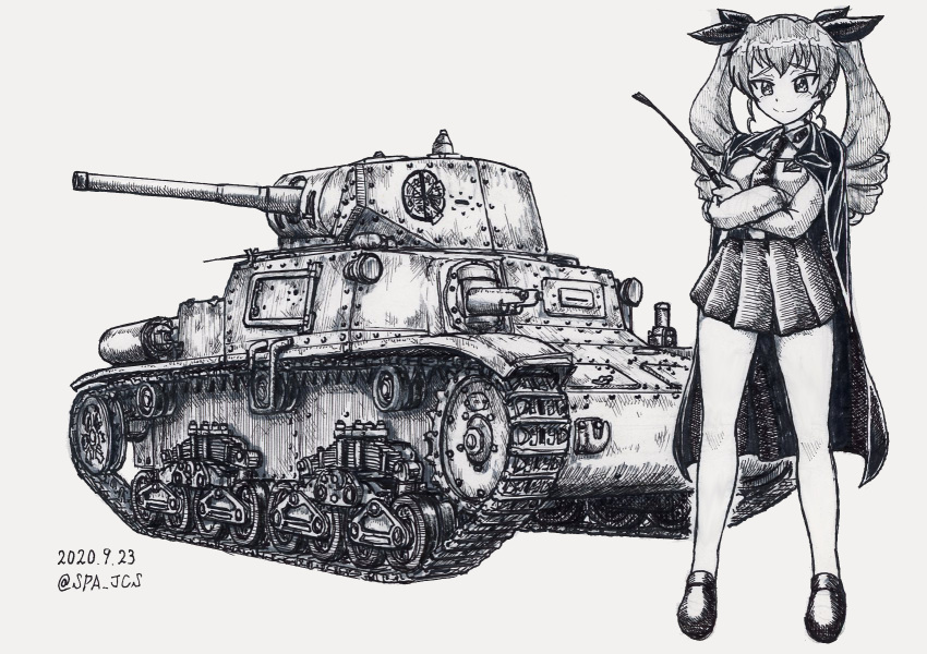 1girl anchovy_(girls_und_panzer) anzio_(emblem) anzio_school_uniform bangs belt cape carro_armato_m15/42 closed_mouth commentary crossed_arms dated dress_shirt emblem girls_und_panzer greyscale ground_vehicle hair_ribbon highres holding long_hair long_sleeves looking_at_viewer military military_vehicle monochrome motor_vehicle necktie nspa_(spa-jcs) pantyhose pleated_skirt ribbon riding_crop school_uniform shirt shoes skirt smile solo standing tank traditional_media twintails twitter_username wing_collar