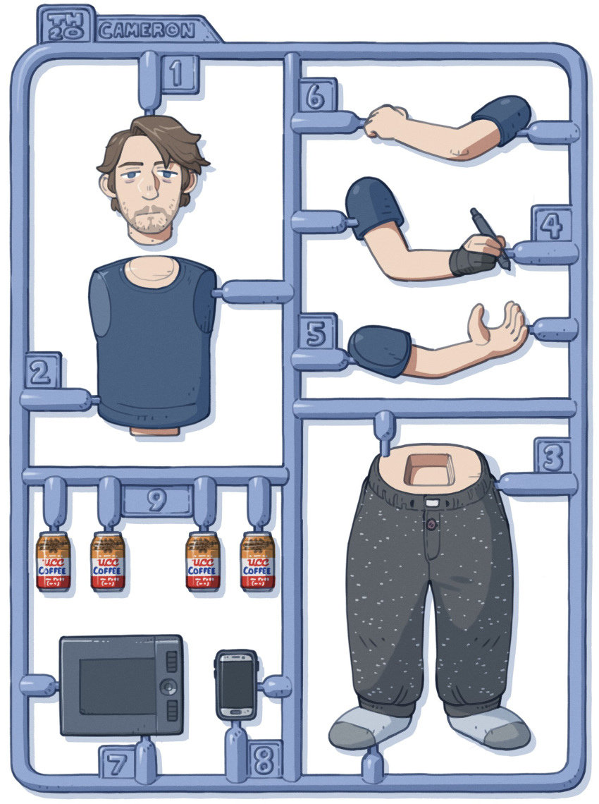 1boy absurdres blue_eyes brown_hair cameron_sewell can canned_coffee cellphone english_commentary facial_hair highres holding holding_pen model_kit pants pen phone real_life self-portrait smartphone stubble track_pants white_background