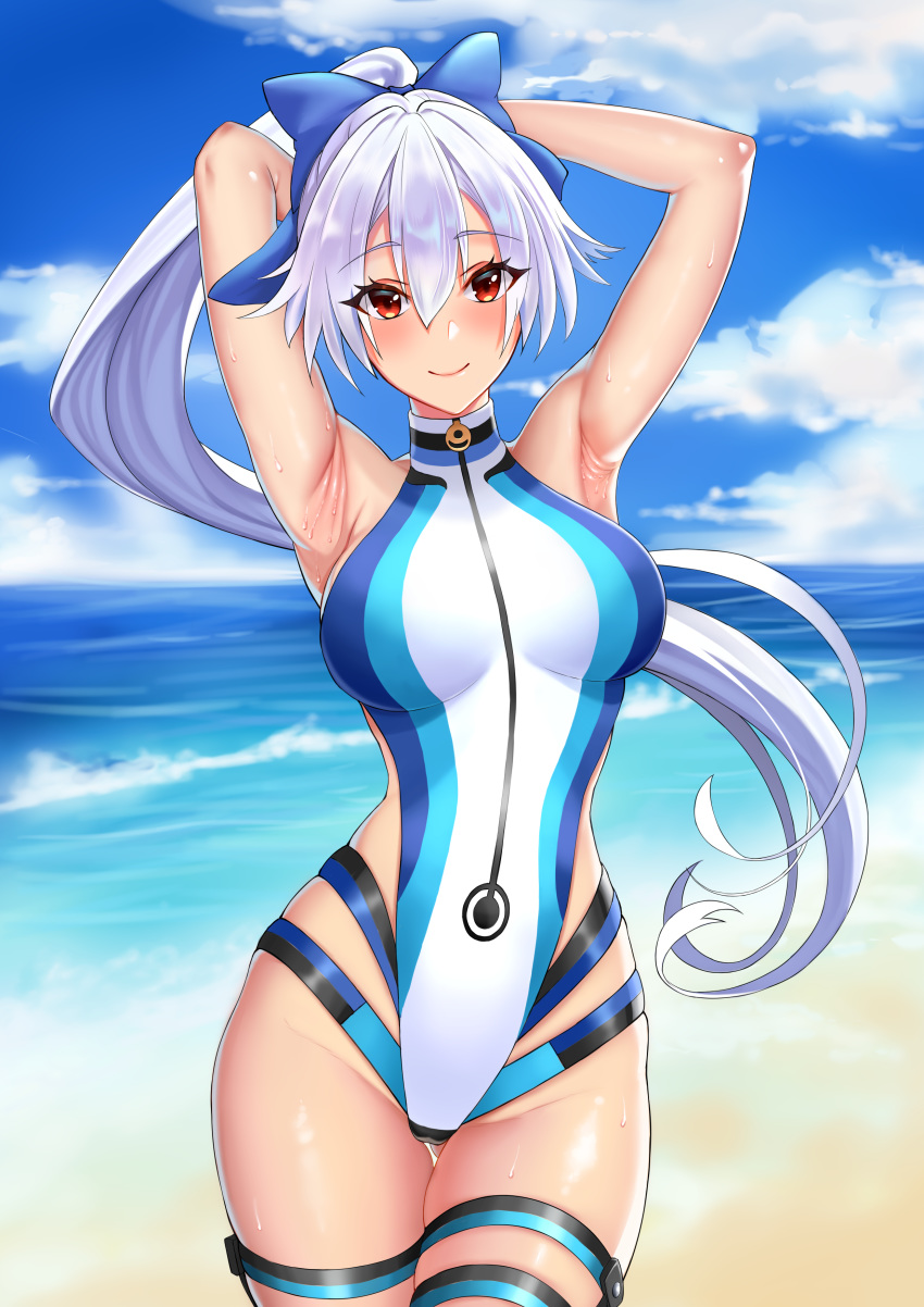 1girl absurdres armpits arms_behind_head arms_up artist_request bangs beach blue_bow blue_sky blue_swimsuit blush bow breasts fate/grand_order fate_(series) hair_between_eyes hair_bow highleg highleg_swimsuit highres large_breasts long_hair looking_at_viewer ocean one-piece_swimsuit ponytail red_eyes silver_hair sky smile swimsuit thighs tomoe_gozen_(fate/grand_order) tomoe_gozen_(swimsuit_saber)_(fate) two-tone_swimsuit white_swimsuit wy_(pixiv4625691)