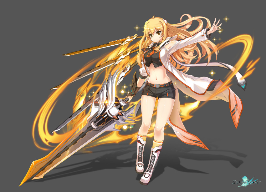 1girl absurdres ahoge asymmetrical_sleeves belt black_shirt black_shorts blonde_hair boots breasts closed_mouth coat collared_shirt crop_top floating_hair full_body gauntlets grey_background hair_ornament haru_estia highres holding holding_sword holding_weapon huge_weapon knee_boots large_breasts long_hair long_sleeves looking_at_viewer midriff multiple_swords navel necktie official_art open_clothes open_coat outstretched_arm see-through shadow shirt short_shorts shorts shoulder_cutout sleeveless sleeveless_shirt socks solo soul_worker stomach sword thighs v-shaped_eyebrows weapon white_coat white_footwear yellow_eyes yellow_legwear