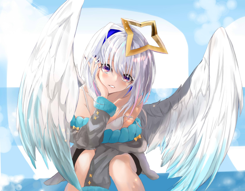 1girl absurdres alternate_costume amane_kanata angel angel_wings black_nails blue_sky bow bra chin_rest clouds cowboy_shot elphe fingernails grey_bra grey_sweater hair_intakes highres hololive invisible_chair knees lips looking_at_viewer medium_hair nail_polish off-shoulder_sweater off_shoulder parted_lips silver_hair sitting sky solo spaghetti_strap star_halo sweater underwear violet_eyes virtual_youtuber white_wings wings yellow_bow