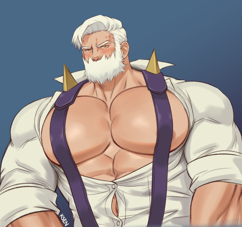 1boy abs absurdres bara beard blush bursting_pecs chest chest_tattoo drayden_(pokemon) facial_hair gym_leader highres k_sen212 looking_at_viewer male_focus manly muscle open_clothes open_shirt pectorals pokemon pokemon_(game) pokemon_bw shirt short_hair sleeves_rolled_up solo suspenders tattoo upper_body wardrobe_malfunction white_shirt yellow_eyes