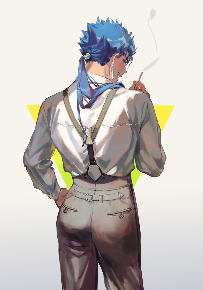 1boy ass blue_hair cigarette cowboy_shot cu_chulainn_(fate)_(all) earrings fate/grand_order fate_(series) from_behind grey_pants hand_on_hip highres holding holding_cigarette jewelry lancer long_hair long_sleeves looking_back male_focus manly open_mouth pants ponytail profile red_eyes shirt smile smoke smoking solo suspenders tamomoko triangle white_shirt