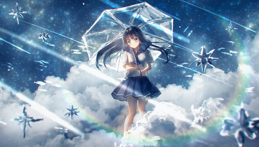 1girl absurdres bangs black_hair blue_eyes blue_skirt blunt_bangs clouds commentary_request fish hair_blowing head_tilt highres holding holding_umbrella huge_filesize ice_crystal kotomi_alpaca meteor meteor_shower original parasol parted_lips pleated_skirt sailor_collar scenery school_uniform serafuku shirt short_sleeves skirt sky standing star_(sky) star_(symbol) star_print starry_sky transparent transparent_umbrella umbrella white_shirt