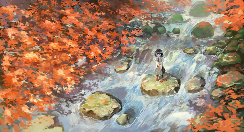 1girl arms_behind_back autumn_leaves black_hair black_legwear black_neckwear black_skirt brown_skirt closed_eyes fjsmu forest from_above hat highres nature necktie pantyhose pom_pom_(clothes) puffy_short_sleeves puffy_sleeves red_footwear red_headwear river rock scenery shameimaru_aya shirt short_hair short_sleeves skirt solo standing tokin_hat touhou two-tone_skirt untucked_shirt white_shirt wide_shot