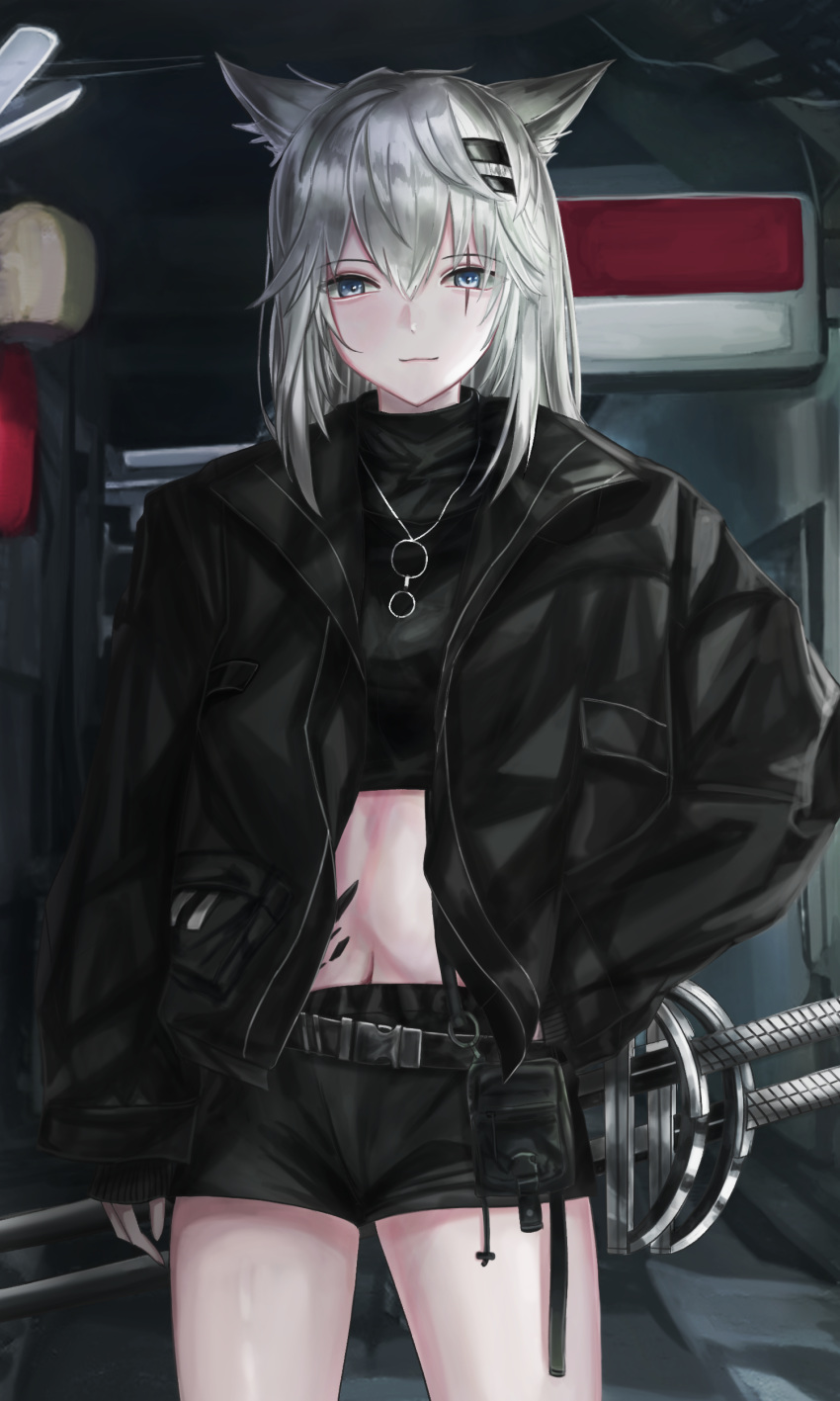 1girl absurdres animal_ears arknights bangs black_jacket black_shirt black_shorts commentary_request cowboy_shot crop_top dumi grey_eyes hair_between_eyes hair_ornament hairclip highres jacket lappland_(arknights) long_hair long_sleeves looking_at_viewer midriff navel oripathy_lesion_(arknights) partial_commentary scar scar_across_eye shirt short_shorts shorts silver_hair solo standing stomach sword thighs weapon wolf_ears
