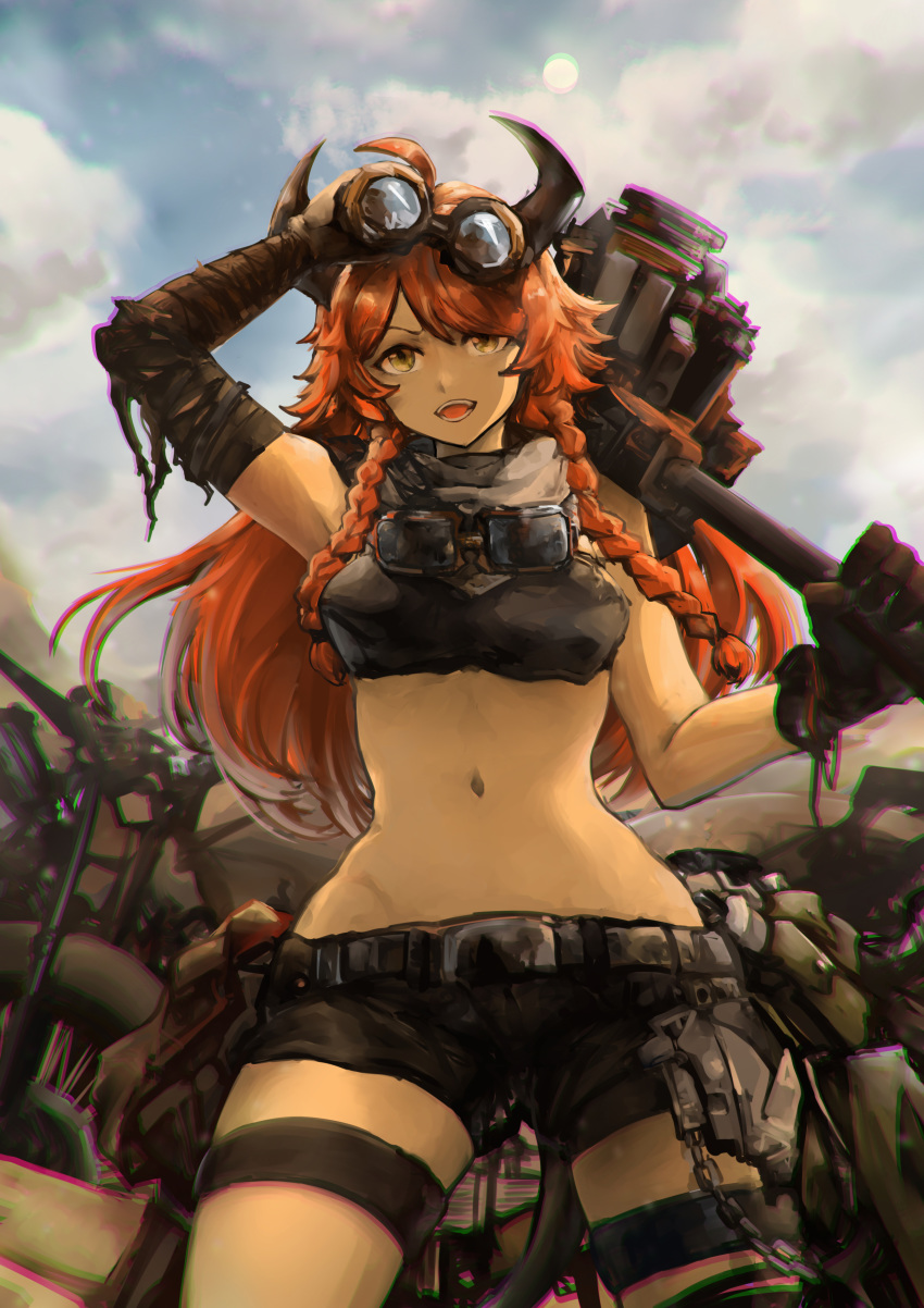1girl absurdres ahoge arknights armpits bandaged_arm bandages bangs bare_shoulders bikini bikini_top binoculars black_bikini black_gloves black_shorts blue_sky braid breasts chromatic_aberration clouds cloudy_sky commentary cowboy_shot croissant_(arknights) crop_top day desert eyebrows_behind_hair gloves goggles goggles_around_neck groin ground_vehicle hammer highres holding holding_binoculars holding_hammer horns long_hair looking_at_viewer midriff motor_vehicle motorcycle navel open_mouth orange_hair outdoors scarf short_shorts shorts side_braid sidelocks sky solo standing swimsuit teeth thigh_strap vyragami yellow_eyes