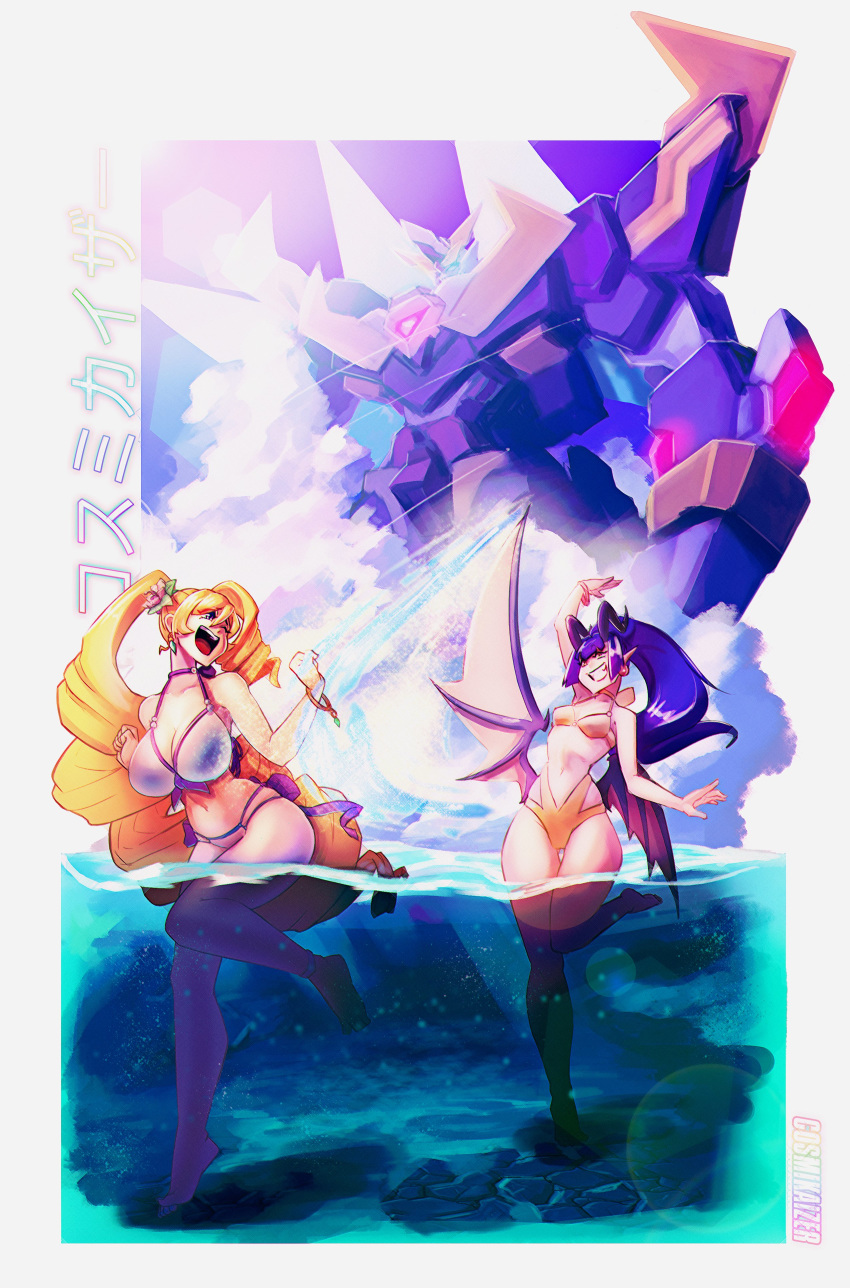 2girls absurdres artist_name beach bikini blue_eyes breasts cosmikaizer drill_hair english_commentary highres horns lana_branford large_breasts long_hair mecha melody_goetia mini_wings multiple_girls ocean open_mouth original ponytail small_breasts smile summer super_robot swimsuit twintails uneven_twintails v-fin very_long_hair violet_eyes water yellow_eyes