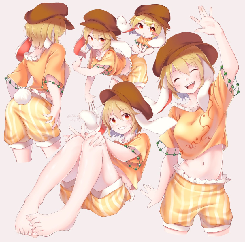 &gt;:) 1girl animal_ears ass barefoot blonde_hair blush bunny_tail cabbie_hat chibi chikuwa_savi closed_eyes cowboy_shot crossed_legs dango eating eyebrows_visible_through_hair feet flat_cap floppy_ears food hat highres knees_together_feet_apart midriff navel orange_eyes orange_shirt pants rabbit_ears ringo_(touhou) shirt short_hair shorts simple_background sitting solo tail toes touhou wagashi yellow_pants