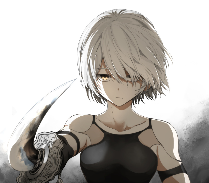 1girl absurdres android armlet bangs bare_shoulders black_gloves closed_mouth commentary_request elbow_gloves eyebrows_visible_through_hair gloves hair_between_eyes hair_over_one_eye highres holding holding_sword holding_weapon joints looking_at_viewer nier_(series) nier_automata pointing_sword robot_joints shimoda_masaya short_hair silver_hair sword tank_top weapon white_background yellow_eyes yorha_type_a_no._2
