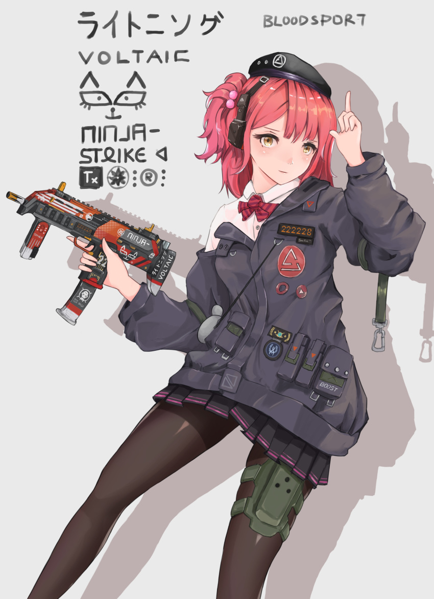 1girl absurdres beret breasts counter_strike:global_offensive girls_frontline gun h&amp;k_mp7 hat highres marcowwine medium_breasts mp7_(girls_frontline) pantyhose redhead short_hair solo submachine_gun weapon yellow_eyes