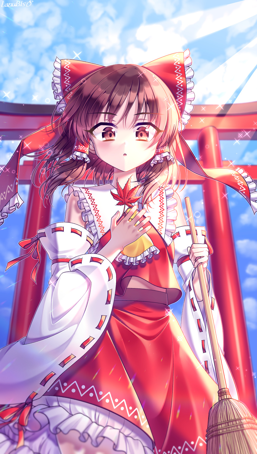 1girl absurdres artist_name bangs bow broom brown_eyes brown_hair clouds detached_sleeves eyebrows_visible_through_hair frilled_bow frilled_hair_tubes frilled_shirt_collar frilled_skirt frills hair_tubes hakurei_reimu highres holding holding_broom japanese_clothes lanubis leaf light_particles light_rays maple_leaf medium_hair miko open_mouth outdoors red_bow red_ribbon red_shirt red_skirt ribbon ribbon-trimmed_sleeves ribbon_trim shirt signature skirt skirt_set sky solo torii touhou white_sleeves wide_sleeves yellow_neckwear