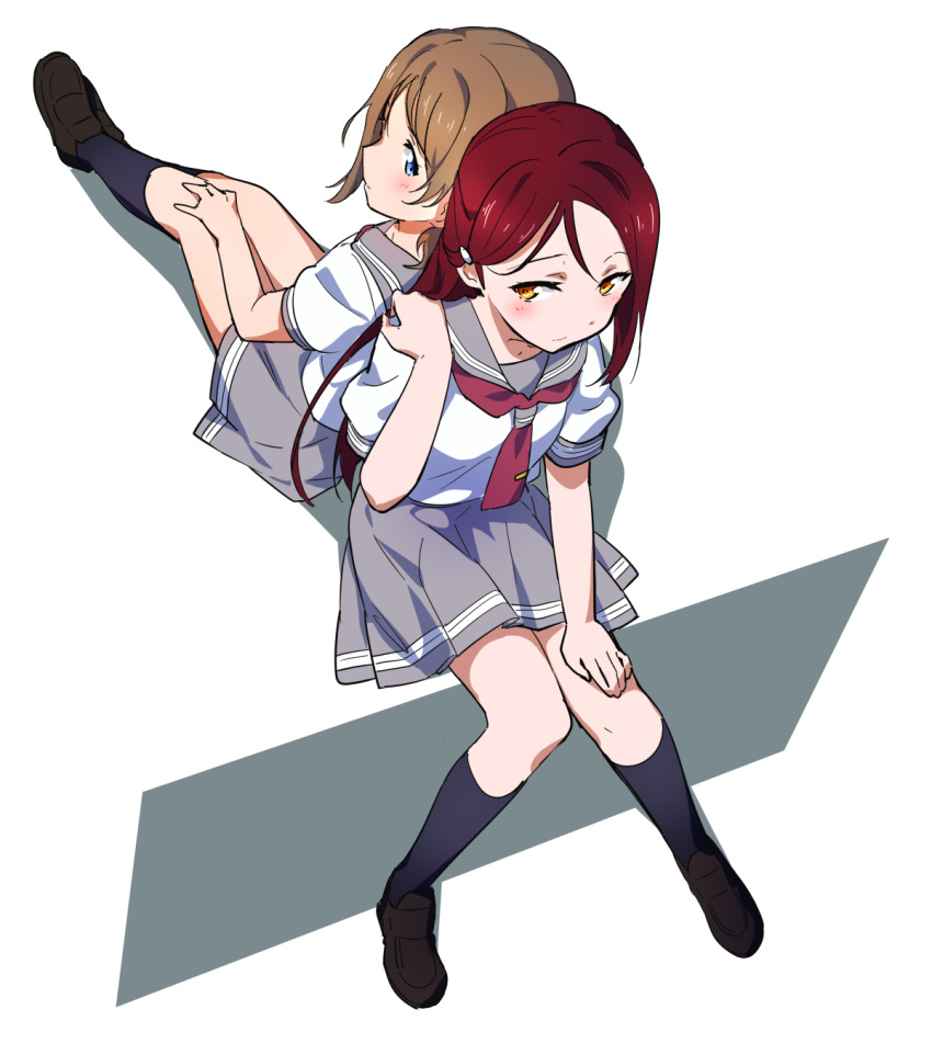 2girls back-to-back blue_eyes brown_footwear brown_hair fumarusan grey_sailor_collar grey_skirt hand_on_own_leg hand_on_own_shoulder highres invisible_floor kneehighs loafers love_live! love_live!_sunshine!! multiple_girls red_neckwear redhead sailor_collar sakurauchi_riko school_uniform serafuku shoes sitting skirt uranohoshi_school_uniform watanabe_you white_background yellow_eyes