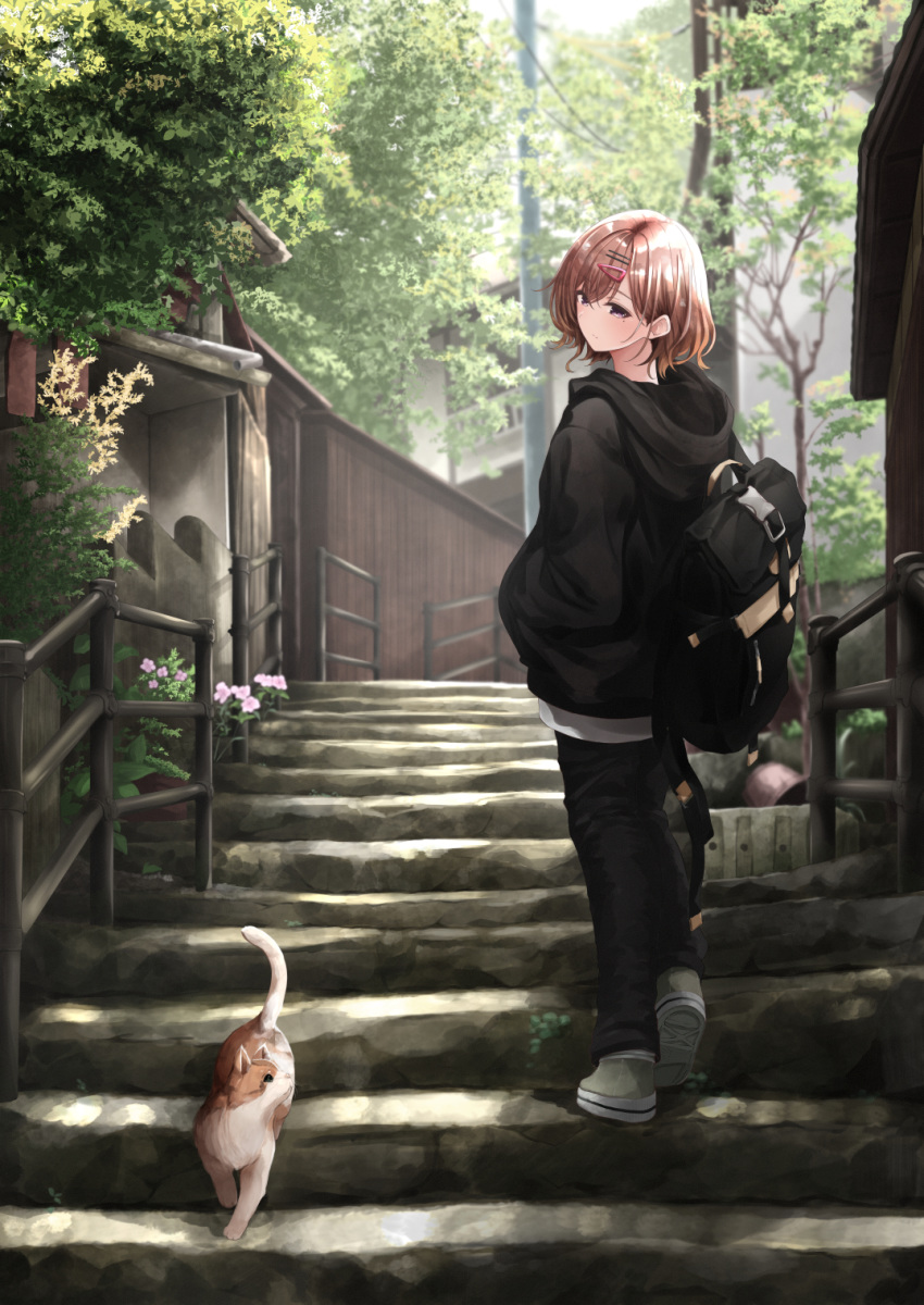 1girl animal backpack bag black_hoodie black_pants blush brown_hair building casual cat closed_mouth commentary_request day flower full_body fuu_(fuore) grey_footwear hair_ornament hairclip hands_in_pockets highres higuchi_madoka hood hood_down idolmaster idolmaster_shiny_colors long_sleeves looking_back looking_down mole mole_under_eye outdoors pants railing short_hair solo stairs stone_stairs tree violet_eyes walking white_flower
