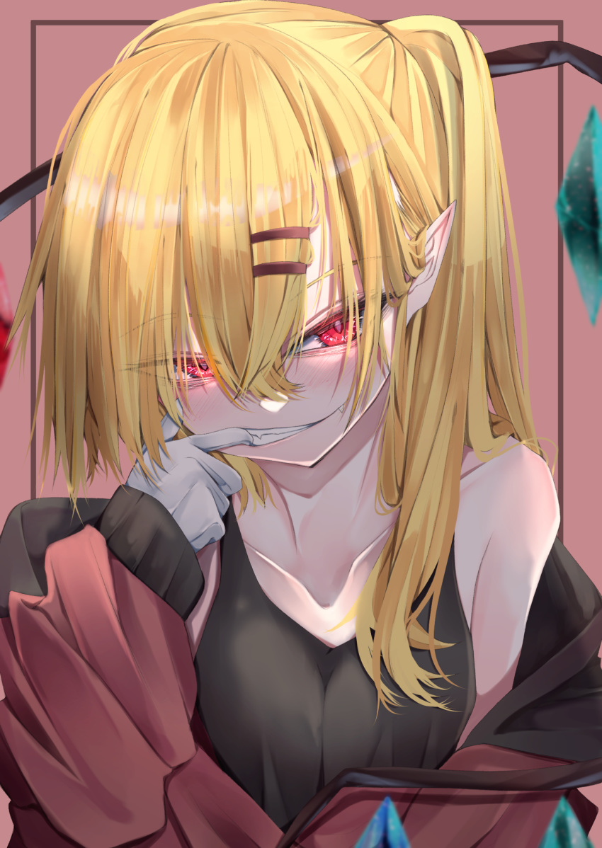 1girl bangs bare_shoulders blonde_hair camisole collarbone crystal eyebrows_visible_through_hair eyelashes fall_dommmmmer fang flandre_scarlet gloves glowing glowing_eyes hair_ornament hairclip highres jacket long_hair looking_at_viewer mouth_pull one_side_up open_clothes open_jacket pointy_ears red_eyes simple_background smile solo touhou upper_body wings