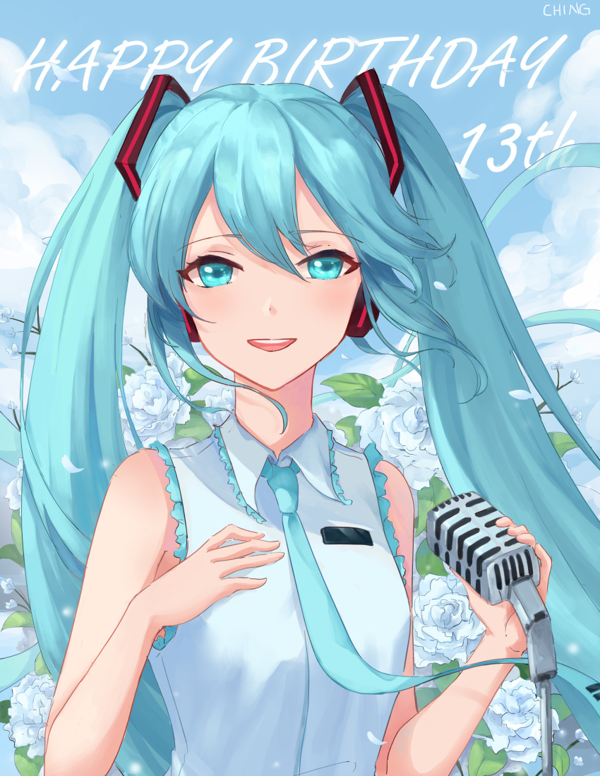 1girl :d absurdres bangs blue_eyes blue_hair blue_neckwear ching0912 collared_shirt day eyebrows_visible_through_hair floating_hair flower frilled_shirt frills hair_between_eyes hair_ornament happy_birthday hatsune_miku headphones highres holding holding_microphone_stand long_hair looking_at_viewer microphone_stand necktie open_mouth outdoors shiny shiny_hair shirt sleeveless sleeveless_shirt smile solo twintails upper_body very_long_hair vocaloid white_flower white_shirt wing_collar