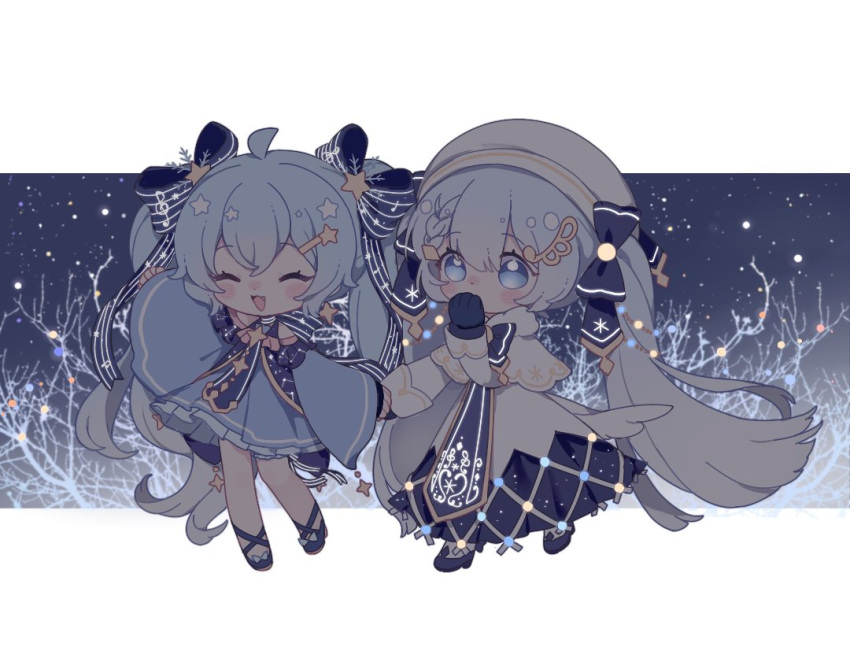 2girls :d ^_^ ahoge arm_up bangs bare_tree beret black_bow blue_dress blue_eyes blue_footwear blue_gloves blue_hair blush bow braid capelet chibi closed_eyes covered_mouth dress dual_persona eyebrows_visible_through_hair fang frilled_dress frills gloves hair_between_eyes hair_bow hair_ornament hairclip hand_up hat hatsune_miku high_heels holding_hands long_hair long_sleeves multiple_girls nishina_hima open_mouth shoes sleeves_past_wrists smile snowflake_hair_ornament star_(symbol) star_hair_ornament striped striped_bow tree twintails very_long_hair vocaloid white_capelet white_dress white_headwear wide_sleeves yuki_miku yuki_miku_(2017) yuki_miku_(2021)