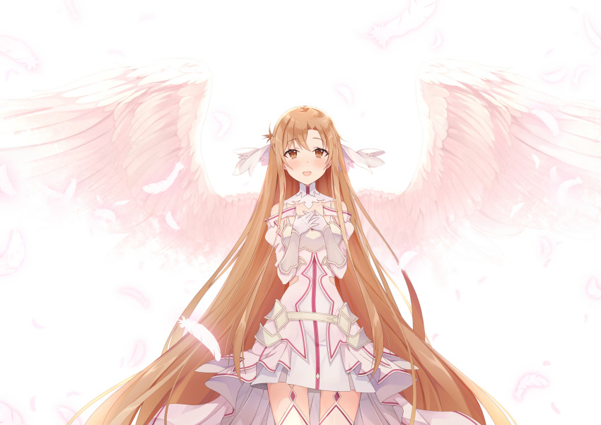 1girl :d absurdres asuna_(stacia) bangs blush breastplate brown_eyes brown_hair cowboy_shot detached_collar dress echiru39 eyebrows_visible_through_hair feathered_wings floating_hair hair_between_eyes hair_ornament highres long_hair looking_at_viewer off-shoulder_dress off_shoulder open_mouth short_dress simple_background smile solo standing sword_art_online thigh-highs very_long_hair waist_cape white_background white_dress white_feathers white_legwear white_wings wings zettai_ryouiki