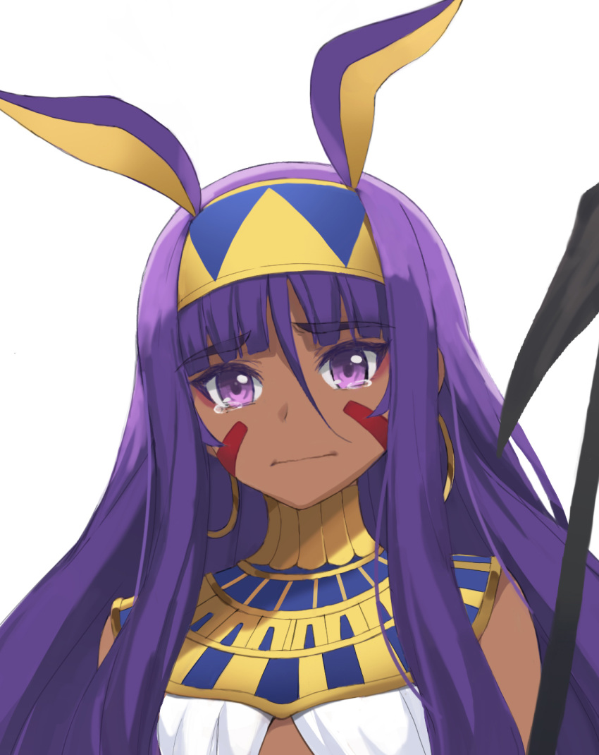 1girl animal_ears bangs bare_shoulders blush breasts closed_mouth dark_skin earrings egyptian facepaint facial_mark fate/grand_order fate_(series) hair_between_eyes halter_top halterneck highres hoop_earrings jackal_ears jewelry long_hair looking_at_viewer nitocris_(fate/grand_order) purple_hair sidelocks simple_background staff tearing_up tonee usekh_collar very_long_hair violet_eyes white_background