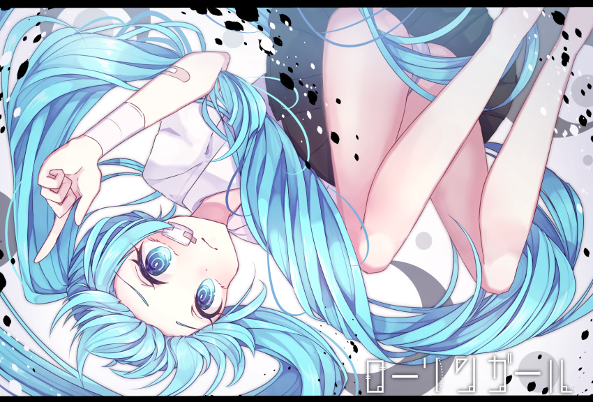 1girl @_@ aqua_eyes aqua_hair bandaged_arm bandages bandaid black_skirt commentary forehead frown hatsune_miku highres letterboxed long_hair looking_at_viewer nanairomadani panties pleated_skirt rolling_girl_(vocaloid) shirt skirt solo twintails underwear upside-down very_long_hair vocaloid white_panties white_shirt