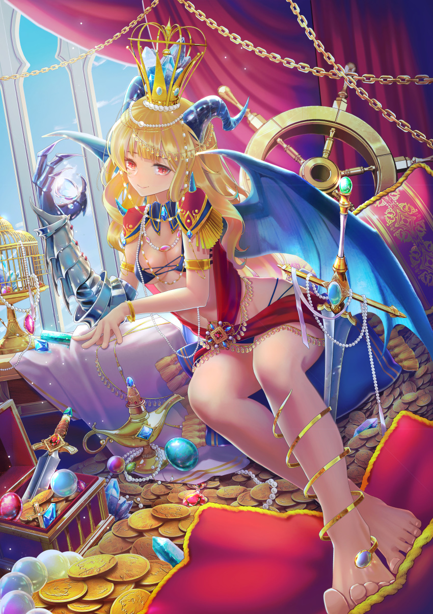 1girl absurdres barefoot blonde_hair breasts chain coin cross crystal dragon_wings fantasy highres hldz horns huge_filesize jewelry long_hair medium_breasts navel oil_lamp original red_eyes solo sword toes treasure_chest weapon wings