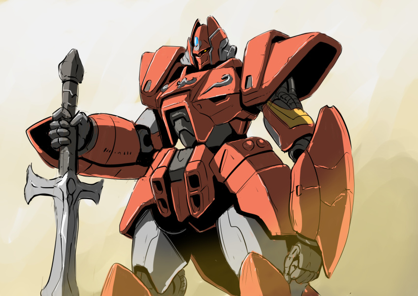 clenched_hand dust galient gatakk highres holding holding_sword holding_weapon kikou-kai_galient looking_down mecha no_humans solo standing sword weapon yellow_eyes