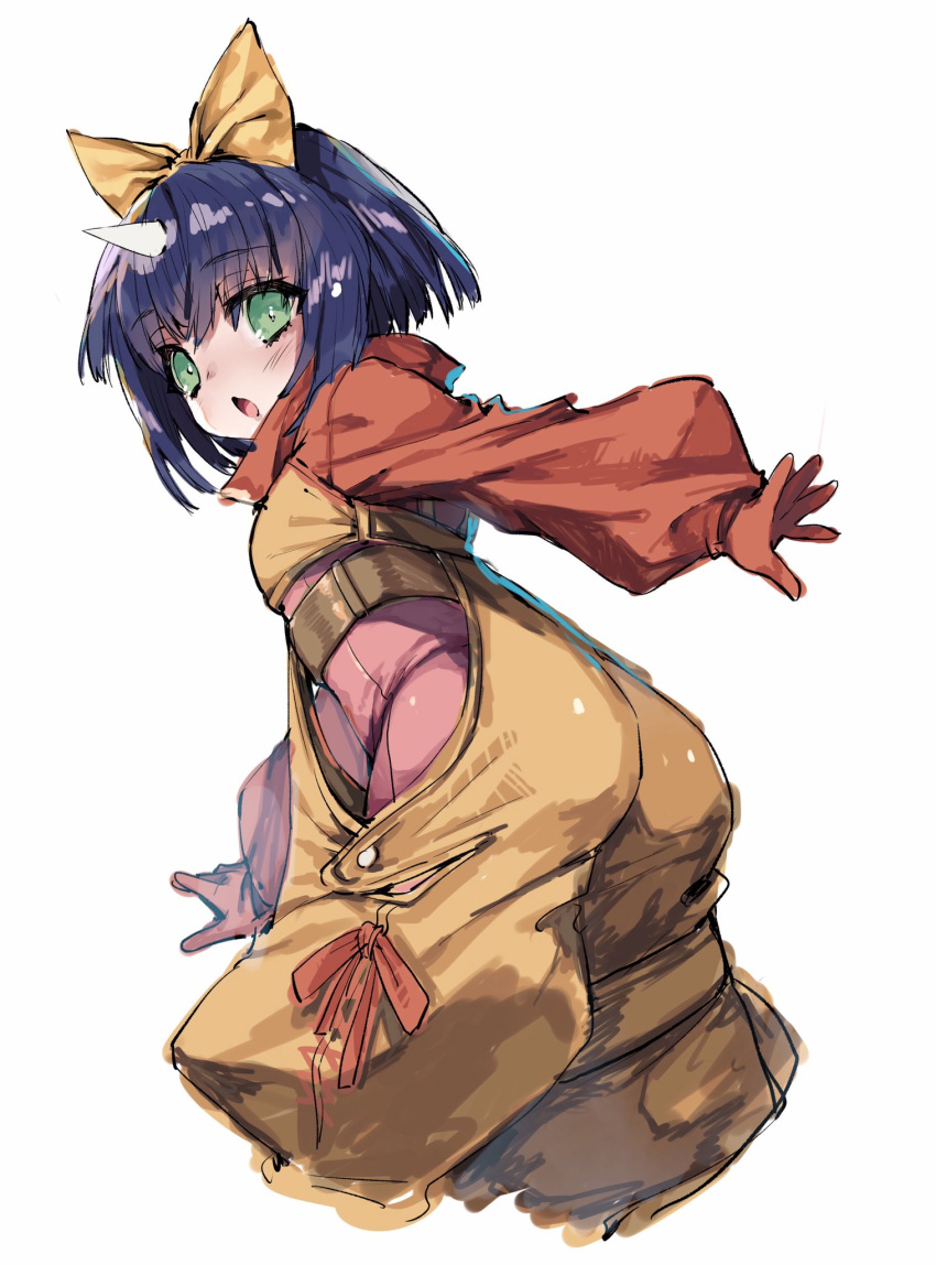 1girl ass blue_hair blush bodysuit bow eiko_carol final_fantasy final_fantasy_ix from_behind from_side gloves highres himegi_you horns long_sleeves looking_back multiple_girls open_mouth petite pink_bodysuit short_hair single_horn solo yellow_bow yellow_overalls