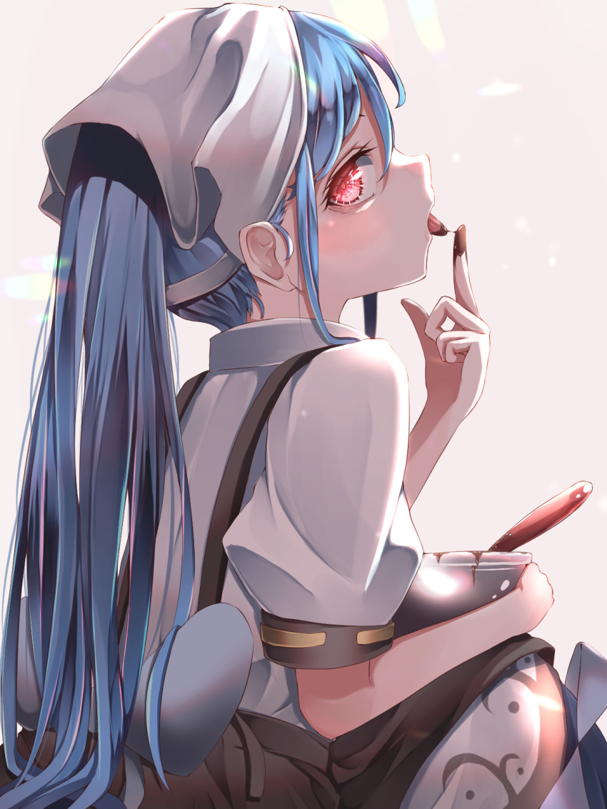 1girl alternate_headwear apron blue_hair bow bowl chocolate chocolate_making chocolate_on_fingers eyelashes fall_dommmmmer finger_licking from_side head_scarf highres hinanawi_tenshi licking long_hair looking_at_viewer puffy_short_sleeves puffy_sleeves red_eyes short_sleeves touhou upper_body