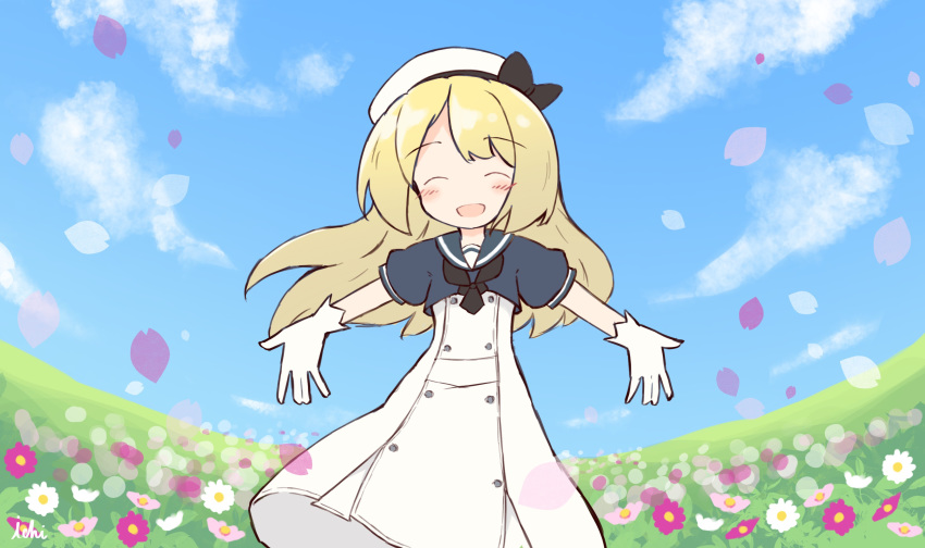 1girl ^_^ absurdres bangs beret black_bow blonde_hair blue_sailor_collar blue_shirt blue_sky blush bow closed_eyes clouds commentary_request crop_top day dress eyebrows_visible_through_hair facing_viewer flower gloves hat hat_bow highres ichi jervis_(kantai_collection) kantai_collection long_hair outdoors outstretched_arms petals pink_flower pleated_dress puffy_short_sleeves puffy_sleeves purple_flower sailor_collar shirt short_sleeves signature sky solo very_long_hair white_dress white_flower white_gloves white_headwear