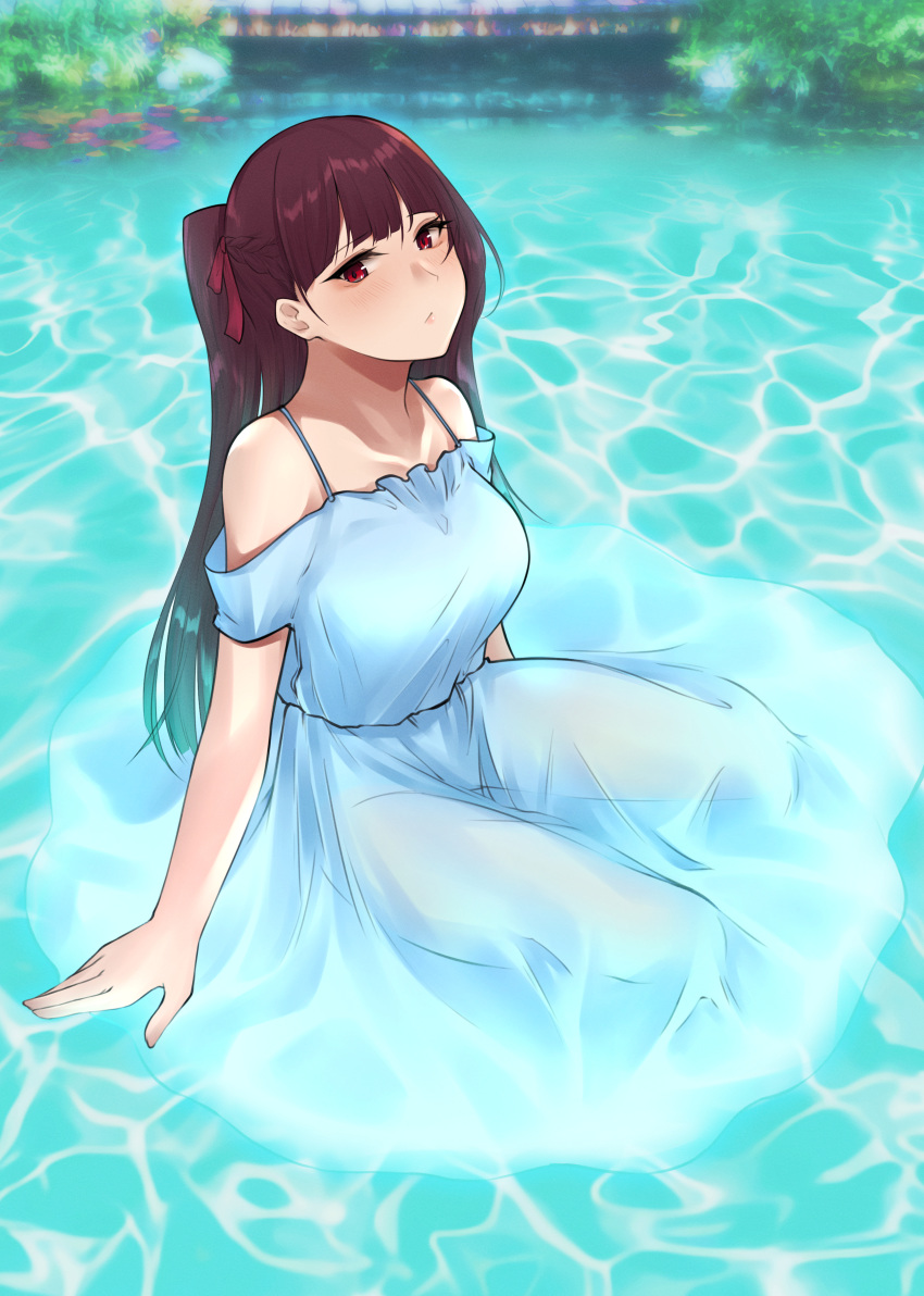 1girl absurdres blue_dress blush breasts closed_mouth collarbone dress eyebrows_visible_through_hair girls_frontline hair_ribbon highres long_hair looking_at_viewer medium_breasts purple_hair red_eyes red_ribbon ribbon sitting sitting_on_water solo stigmamyu wa2000_(girls_frontline) water