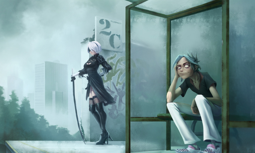 1boy 1girl amoralcrow black_dress black_footwear black_shirt blindfold blue_hair boots bus_stop checkered_footwear crossover dress fog gorillaz graffiti high_heel_boots high_heels highres nier nier_(series) nier_automata no_pupils pants shirt shoes sitting sneakers standing stuart_pot thigh-highs thigh_boots thighhighs_under_boots vans white_eyes white_hair white_pants yorha_no._2_type_b