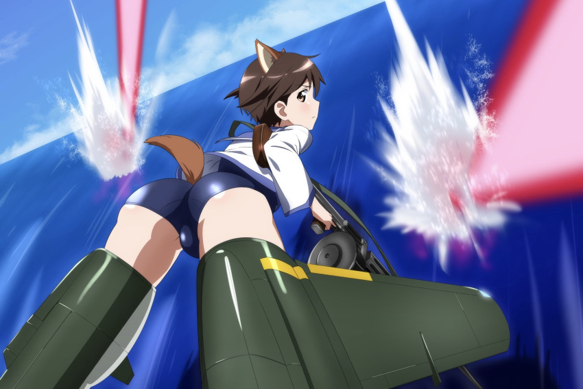 1girl animal_ears ass beam blue_swimsuit blush brown_hair closed_mouth crotch dress eyebrows_visible_through_hair flying gun highres looking_at_viewer looking_back miyako_yoshika ocean oinari_(koheihei1109) raccoon_ears raccoon_tail rifle sailor_dress shiny shiny_hair shiny_skin short_hair skindentation sky solo spread_legs strike_witches striker_unit swimsuit swimwear tail weapon world_witches_series