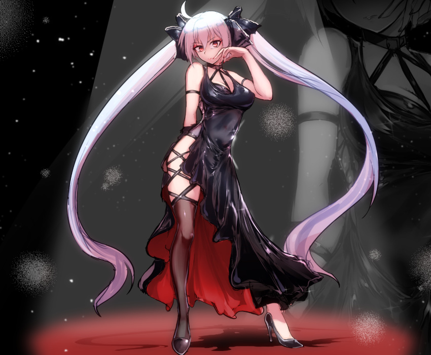 1girl ahoge alternate_hair_color arm_strap bangs bare_shoulders between_breasts black_dress black_footwear black_legwear black_ribbon borrowed_design breasts commentary_request contrapposto cross-laced_clothes dress full_body hair_between_eyes hair_ribbon halter_dress hand_up hatsune_miku high_heels long_hair looking_at_viewer medium_breasts orange_eyes purple_hair ribbon ryuu_tou shadow side_slit silver_hair single_thighhigh sleeveless sleeveless_dress solo stage_lights standing stiletto_heels thigh-highs thigh_strap twintails very_long_hair vocaloid zoom_layer