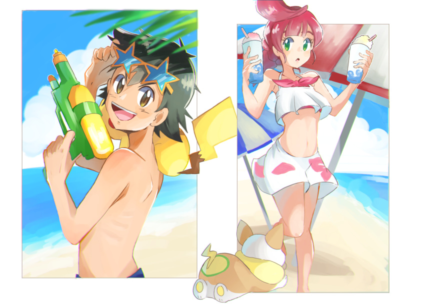 1boy 1girl ash_ketchum beach black_hair brown_eyes chloe_(pokemon) clouds collarbone day drinking_straw eyewear_on_head gen_1_pokemon gen_8_pokemon green_eyes gun hatsu8282 hibiscus_print highres holding holding_gun holding_weapon long_hair looking_at_viewer midriff miniskirt navel ocean on_shoulder open_mouth outdoors parasol pikachu pokemon pokemon_(creature) pokemon_on_shoulder pokemon_swsh_(anime) print_skirt redhead shaved_ice shiny shiny_hair shoulder_blades skirt star-shaped_eyewear stomach sunglasses umbrella water_gun weapon white_skirt yamper