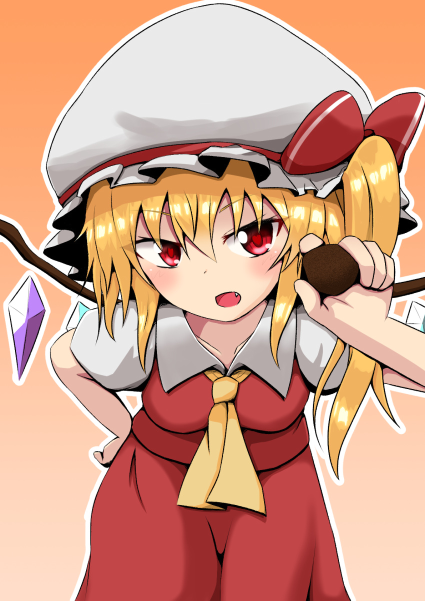 1girl ascot bangs blonde_hair bow chocolate commentary_request crystal fang flandre_scarlet frills gradient gradient_background hat hat_ribbon highres ikusu_(ikustasy) looking_at_viewer medium_hair mob_cap one_side_up open_mouth orange_background puffy_short_sleeves puffy_sleeves red_bow red_eyes red_ribbon red_skirt red_vest ribbon shirt short_sleeves skirt solo touhou vest white_shirt wings yellow_ascot